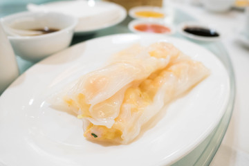 Steamed Rice noodle roll filled with shrimp