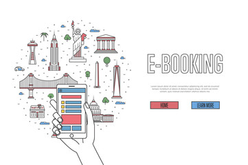 E-booking poster with american famous architectural landmarks in linear style. Online tickets ordering, mobile payment vector concept with smartphone in hand. World traveling, USA historic attractions