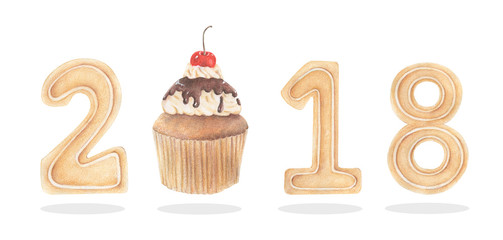 Pencil watercolor of Happy New Year's Cupcakes