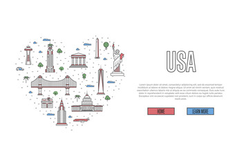 I love USA poster with famous attractions in heart frame. American landmarks and traditional symbols on white background. USA country traveling tour advertising vector illustration in linear style.