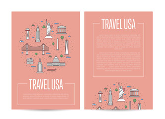 USA country traveling advertising with famous monuments. Touristic trip vector layout for travel agency, worldwide tourism. American architectural landmarks and traditional symbols in linear style.