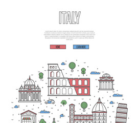 Italy travel tour poster with national architectural attractions. Italian famous landmarks and traditional symbols on white background. Touristic advertising vector layout in trendy linear style.