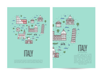 Obraz premium Italy travel tour booklet set with famous architectural attractions. Touristic advertising vector layout for travel agency, europian tourism. Italian landmarks and traditional symbols in linear style.