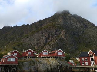 Center of A village on lofoten peninsula with wooden red fishing cottages calls rorbu, Norway