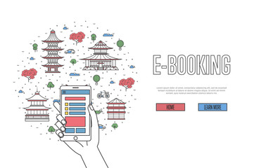 E-booking poster with american famous architectural landmarks in linear style. Online tickets ordering, mobile payment vector concept with smartphone in hand. World traveling, USA historic attractions