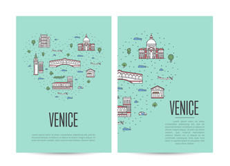 Venice travel tour booklet set with famous architectural attractions. Touristic advertising vector layout for travel agency, europian tourism. Italian landmarks and traditional symbols in linear style