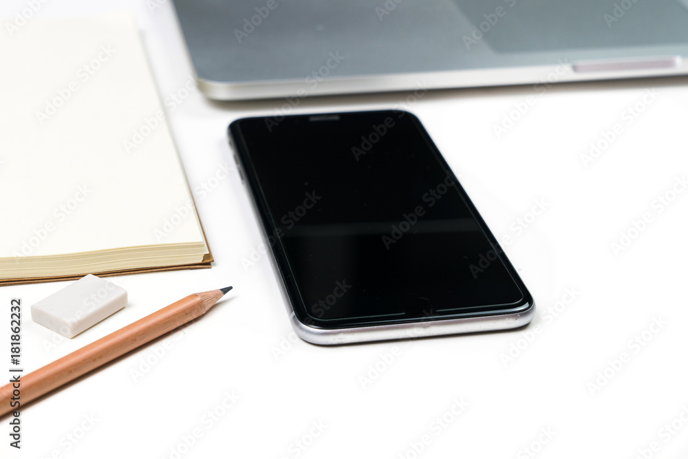 Poster Business office work desk table with computer laptop , note and stationery on white table background include copyspace for add text or graphic