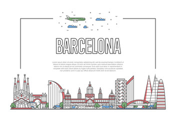 Travel Barcelona poster with famous architectural attractions in linear style. Spanish traveling and time to travel concept. Barcelona landmarks, city skyline, european tourism vector background - obrazy, fototapety, plakaty