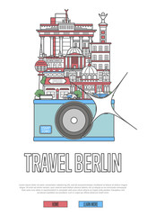 Travel Berlin poster with famous architectural attractions on big camera. European traveling advertising, time to travel vector concept in linear style. Berlin national landmarks, german tourism.