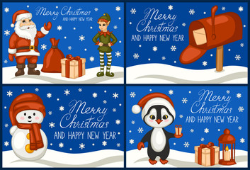 Merry Christmas and happy new year. A set of greeting cards. Santa Claus, penguin, snowman, Inbox, elf, gift, snow. The cartoon style. Vector illustration.