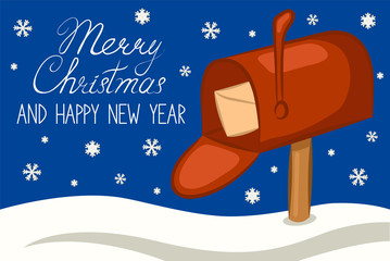 Mailbox with a letter in the snow. Merry Christmas and happy new year greeting card. Vector illustration.