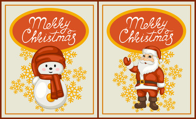 Merry Christmas greeting card set. Cute snowman and Santa Claus. The cartoon style. Vector illustration.