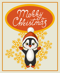 Cute penguin in Santa Claus hat. Merry Christmas greeting card. Vector illustration.