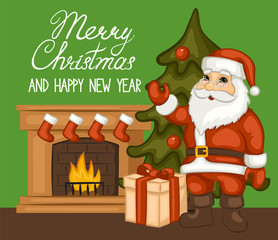 Santa Claus, Christmas tree, gift box next to the fireplace. Merry Christmas and happy new year greeting card, poster. Vector illustration.