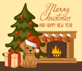 Fireplace decorated with stockings. Christmas tree, gift and cute puppy in a red Santa Claus hat. Merry Christmas and happy new year poster, banner, greeting card. Vector illustration.