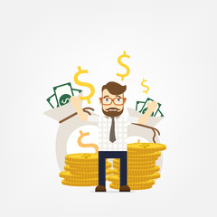 Young happy Business man stand, from money coin with icon of business and creativity. Business investment growth success concept. start up - vector illustration