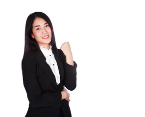 business woman cheering with her arms raised isolated on white background