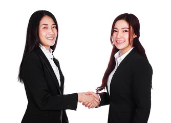 two business woman shaking hands isolated on white background