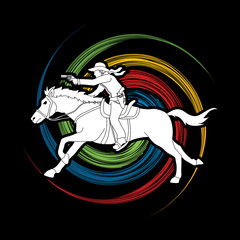 Cowboy riding horse,aiming a gun designed on spin wheel background graphic vector