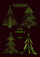 watercolor line set with feer tree on the dark background