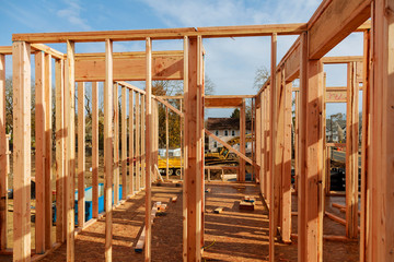 Obraz premium wooden roof construction, for home, house building