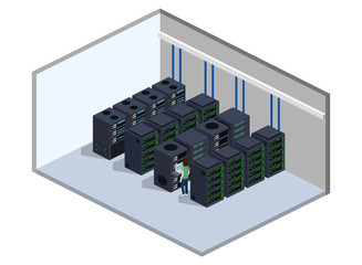 Isometric 3D vector illustration concept server room data center