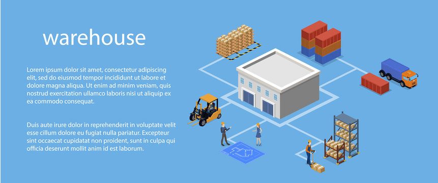 Isometric 3D vector illustration warehouse with a forklift, goods and people.
