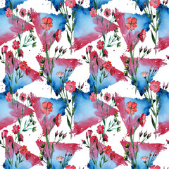 Wildflower flax flower pattern in a watercolor style. Full name of the plant: flax. Aquarelle wild flower for background, texture, wrapper pattern, frame or border.