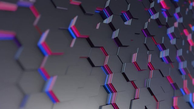 Abstract Hexagons Random Motion Background , 3D Loop Animation 4k. Shallow Depth of Field. Great for VJ and DJ abstract visuals.