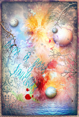 Graffiti e collage con marina,pianeti,astri e fiocchi di neve © Rosario Rizzo