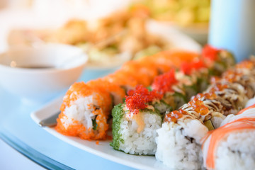 Sushi is served on a dish. Ready for eating