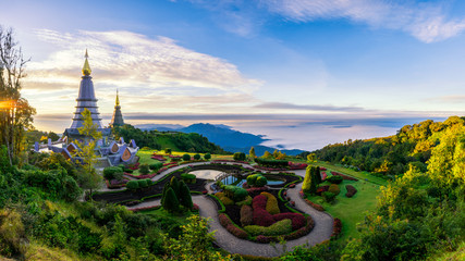 Sunrise scence of two pagoda on the top of Inthanon mountain in doi Inthanon national park, Chiang...
