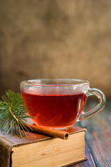 Tea in a glass cup and cinnamon stick