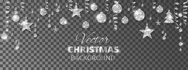 Sparkling Christmas glitter ornaments. Silver fiesta border. Festive garland with hanging balls and ribbons isolated on transparent background.