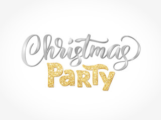 Christmas party hand written lettering isolated on white background. Sparkling glitter golden typography.