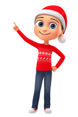 Cheerful boy in Christmas clothes points a finger at the empty space. 3d render illustration.