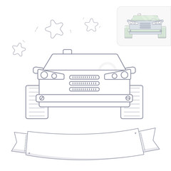 Black and white line drawing. Car coloring page.