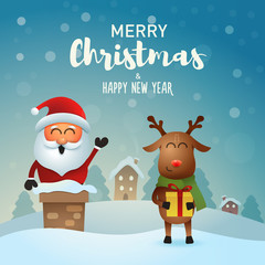 Cute happy Santa claus on a chimney and his friend reindeer with a christmas gift. Vector illustration with the Merry Christmas and Happy New Year message