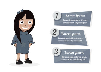 Character shows on the numbered list. Young girl vector illustration for website.