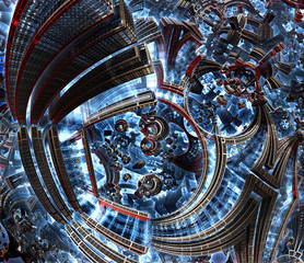 3d fractal of future city. Development of civilization in galaxy spiral galaxy. High-tech settlement on space cosmos orbit. Energy of metal concept.