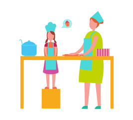 Mother and Daughter Cooking Isolated Illustration