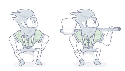 Funny cartoon lumberjack. Man sits on a stump with a big axe.