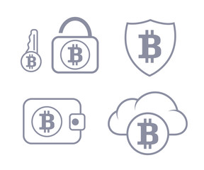 Bitcoin wallet in the cloud protection. Set icon. Sync and storage. Line style.