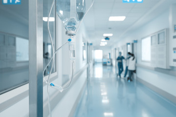 Intravenous drip on the rack on the background of talking nurses in the hospital corridor