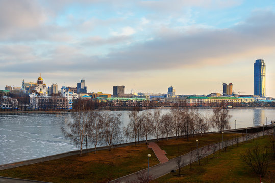 View of Iset river embankment on sunset. Yekaterinburg. Russia