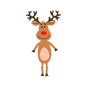 Happy Christmas Deer Red Nose Isolated White Background Vector illustration