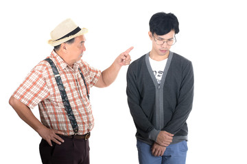 Fototapeta premium Senior furious father yelling at his son isolated on white background.