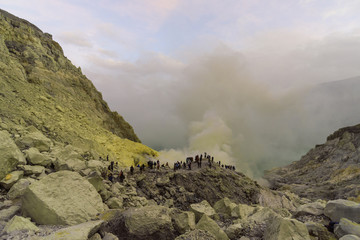 Sulfuric acidic big lake and mountains Kawah Ijen Volcano