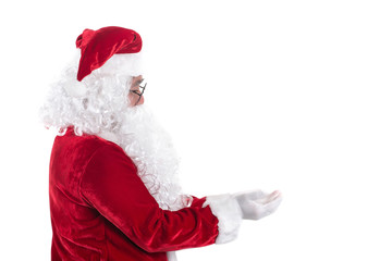 Santa Claus with hands presenting your christmas text or product isolated on white background.