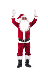 Happy traditional Santa Claus with hand up isolated on white background.